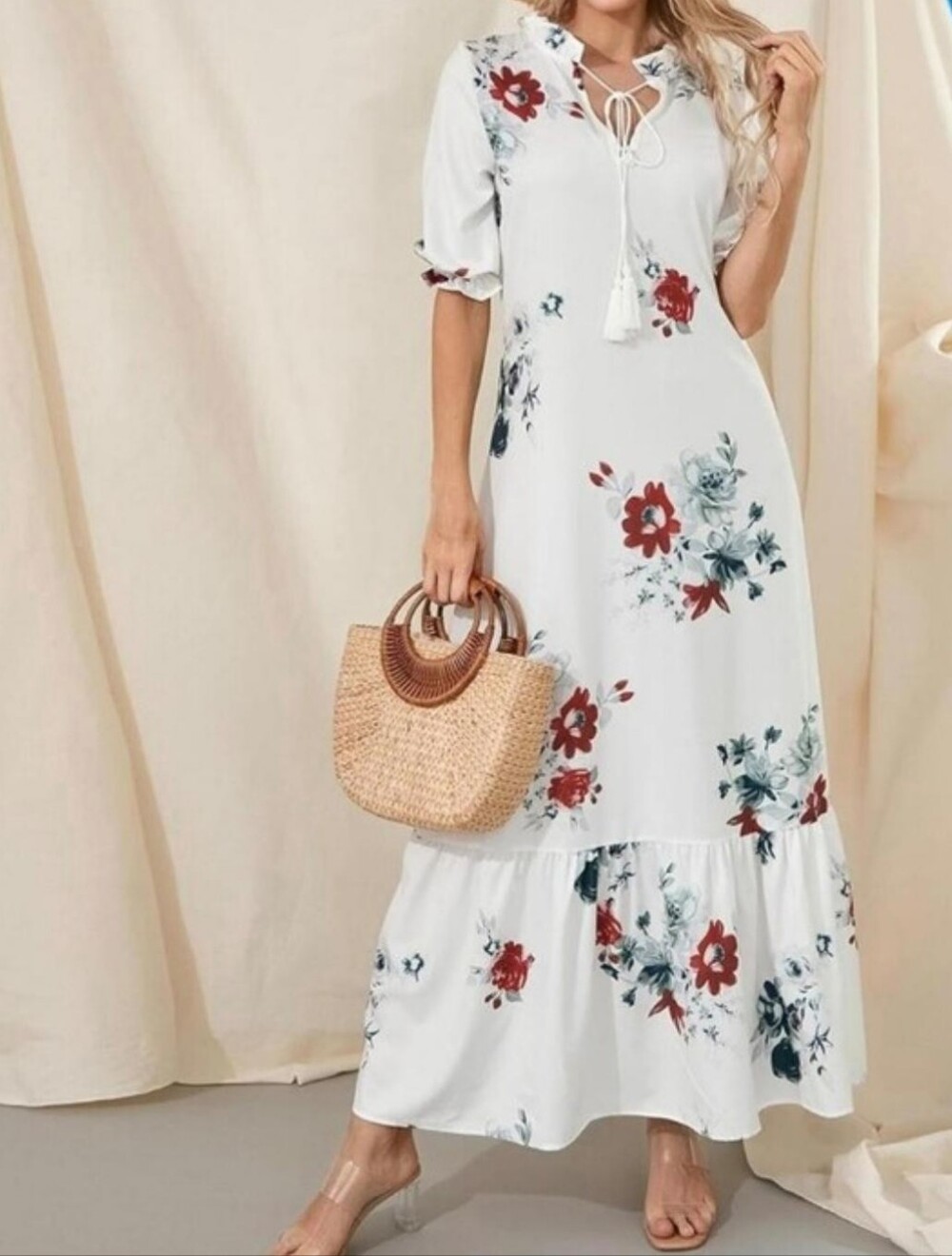 White Floral Maxi Dress with Puff Sleeves